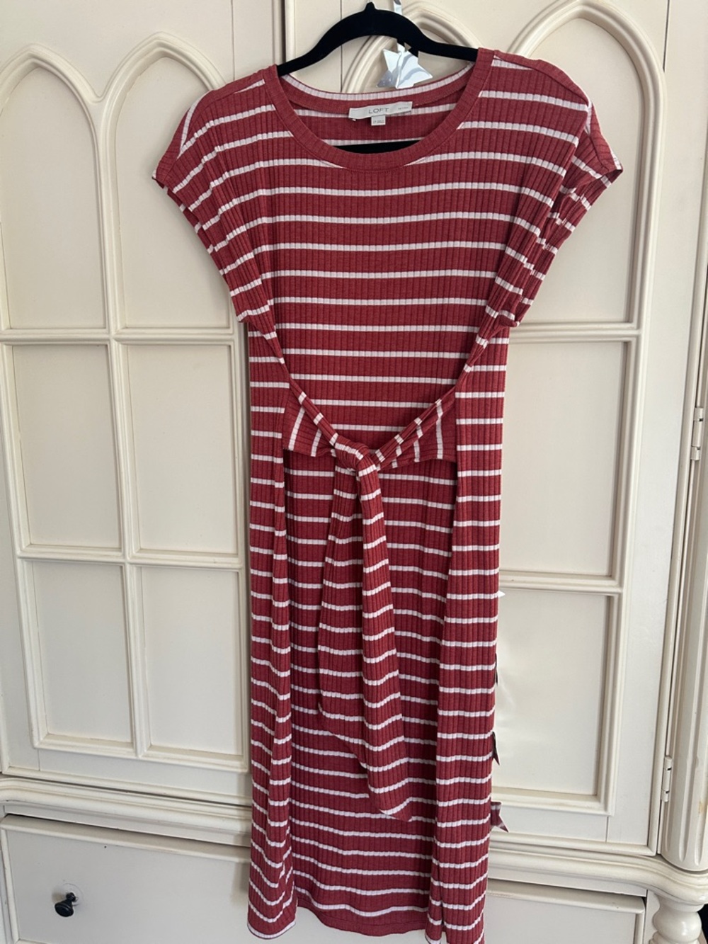 LOFT Ribbed Striped Tie-Front Midi Dress in Dusty Rose & White